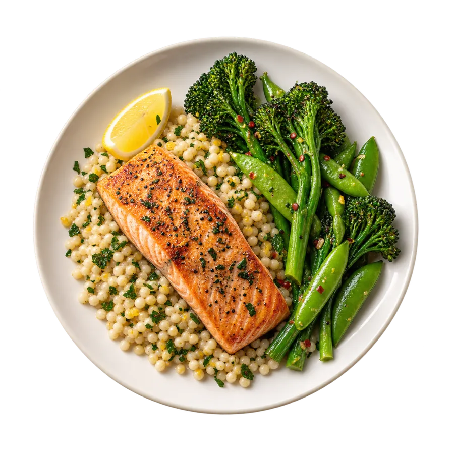 Grilled salmon with broccoli, green beans and grains on a white plate