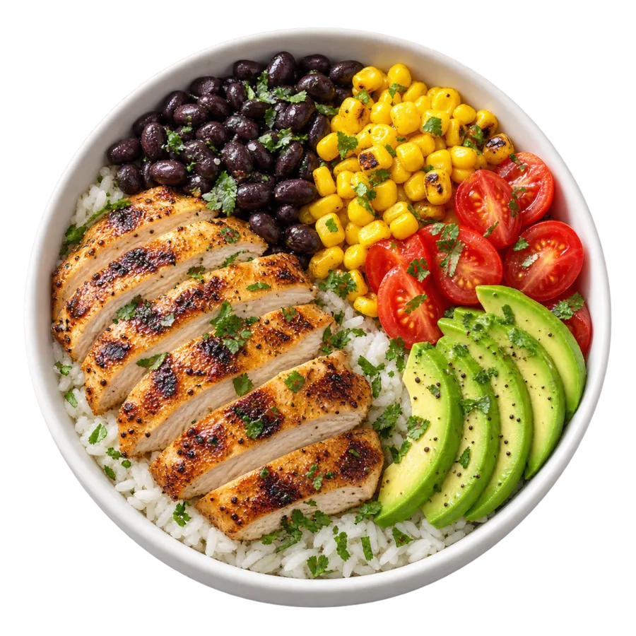 Chicken and rice bowl with broccoli, peppers, carrots, peas and avocado